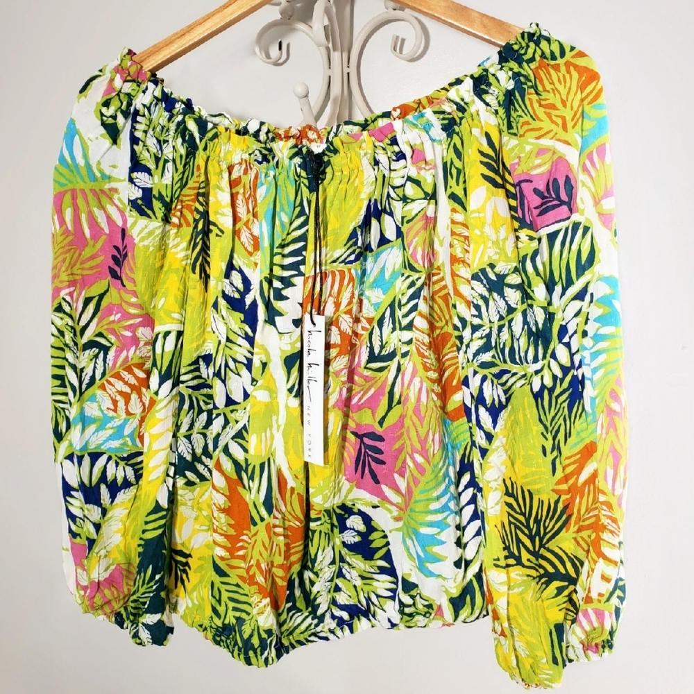 Nicole Miller Colorful Tropical Print 3/4 Sleeve Off Shoulder Blouse Size M